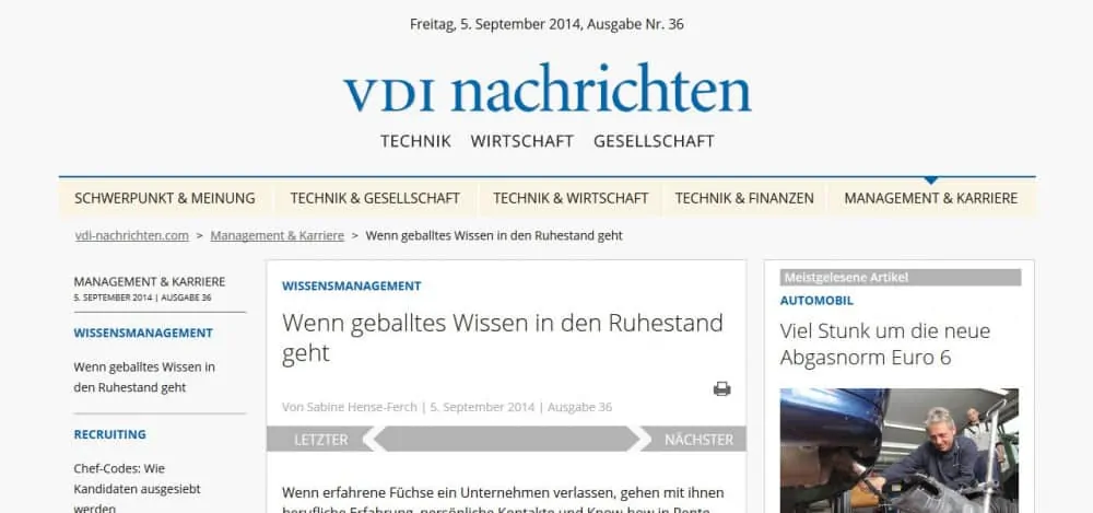 Wenn Know-how in Ruhestand geht - Artikel in den VDI-Nachrichten vom 5. September 2014.