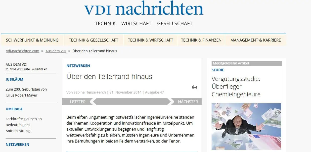 "Über den Tellerrand hinaus", Beitrag in den VDI-Nachrichten vom 21.11.14