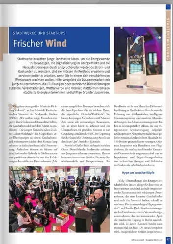 Frischer Wind - Warum immer mehr Stadtwerke auf die Zusammenarbeit mit Start-ups setzen, steht auf den Seiten 47 ff. von Rathausconsult.