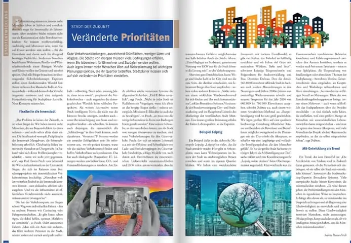 Intelligente Lösungen für die Stadt der Zukunft - doppelseitiger Beitrag auf Seite 42/43