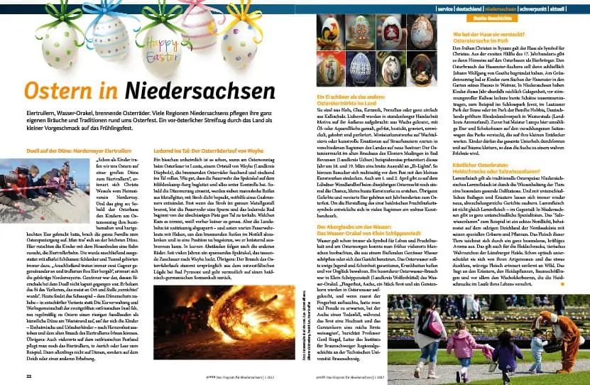 Beitrag über Osterbräuche in Niedersachsen auf den Seiten 22 und 23.